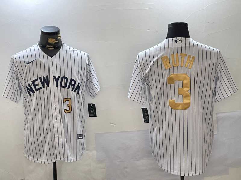 Mens New York Yankees #3 Babe Ruth White Pinstripe Fashion Cool Base Jerseys